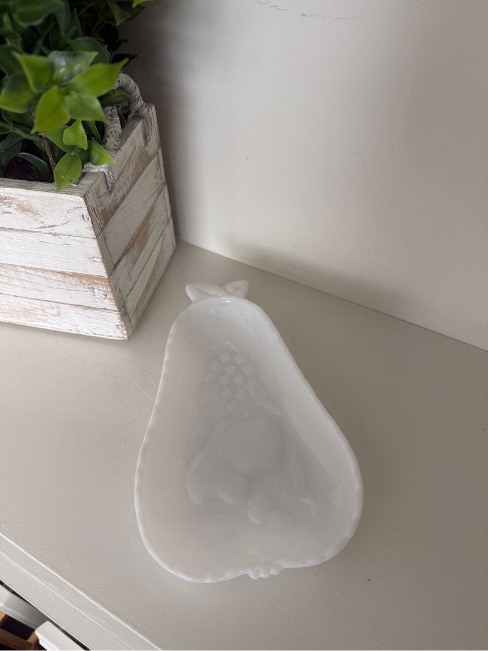 Vintage White Milk Glass Pear Shaped Dish Embossed Fruit Floral 7”